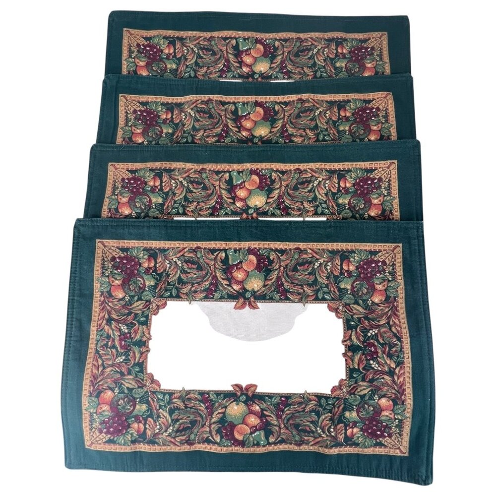 Set Of 4 Thanksgiving Fruit & Vine Placemats Green Border 18" x 13" Table Mats